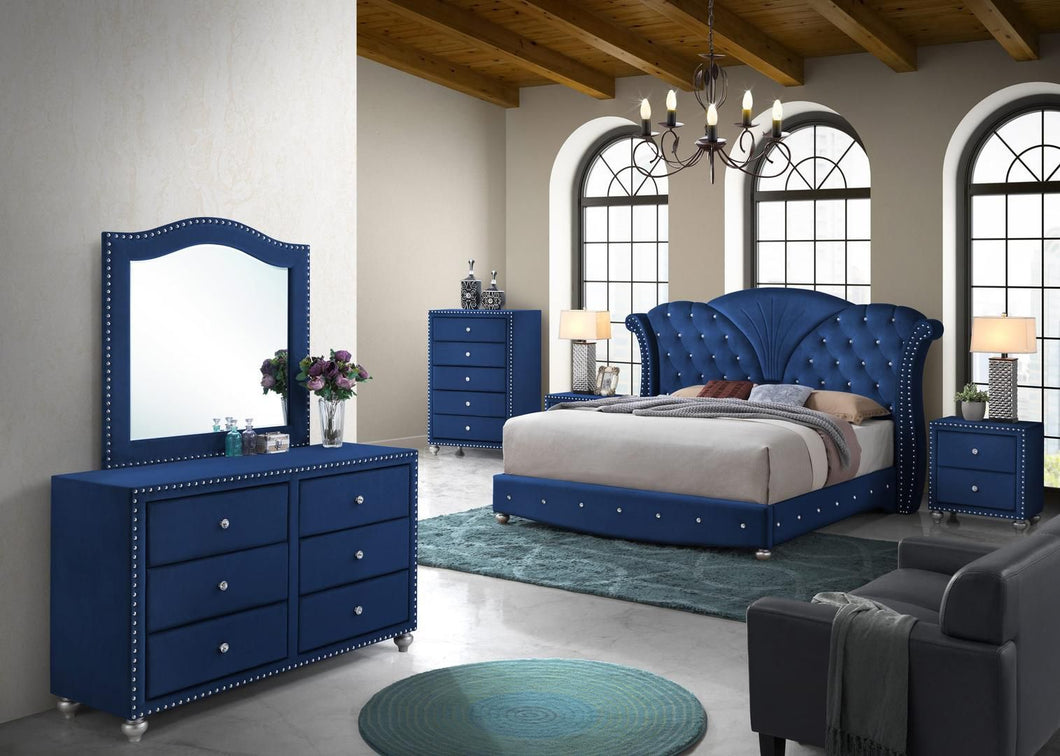 Alana Collection ALANA KING BED BLUE SET 6-Piece Bedroom Set with King Size Bed, Dresser, Mirror, Chest and 2 Nightstands in Blue