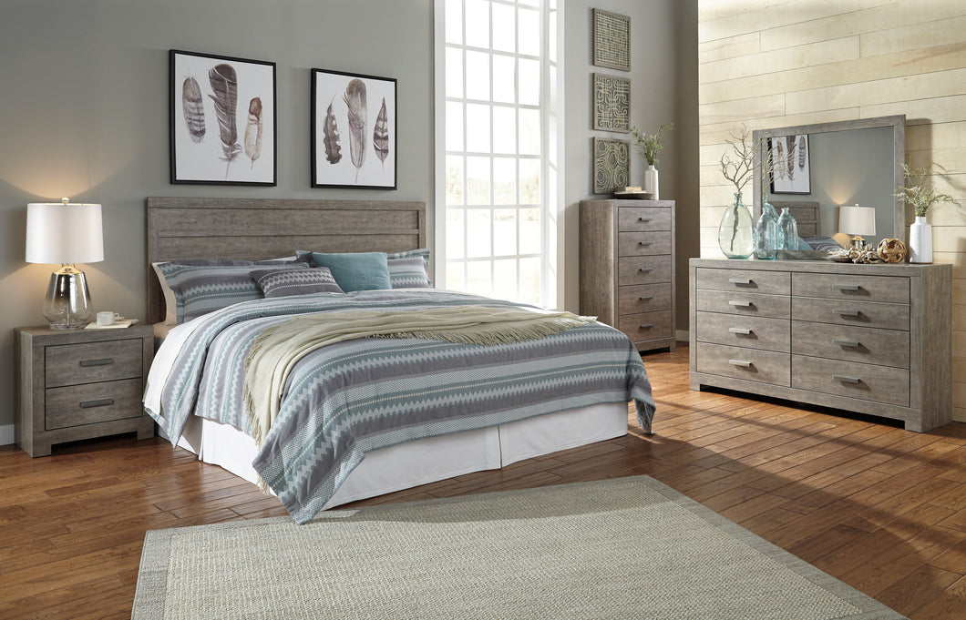 Colvern Casual Gray Color Bedroom Set: King Panel Headboard, Dresser, Mirror, Nighstand, Chest