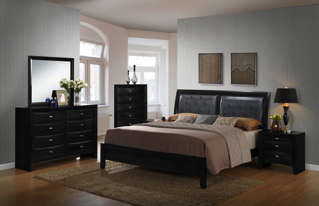 Blemerey 110 Wood and Bonded Leather Bed Room Set , King Bed, Dresser, Mirror, 2 Night Stands, Chest, Black Finish