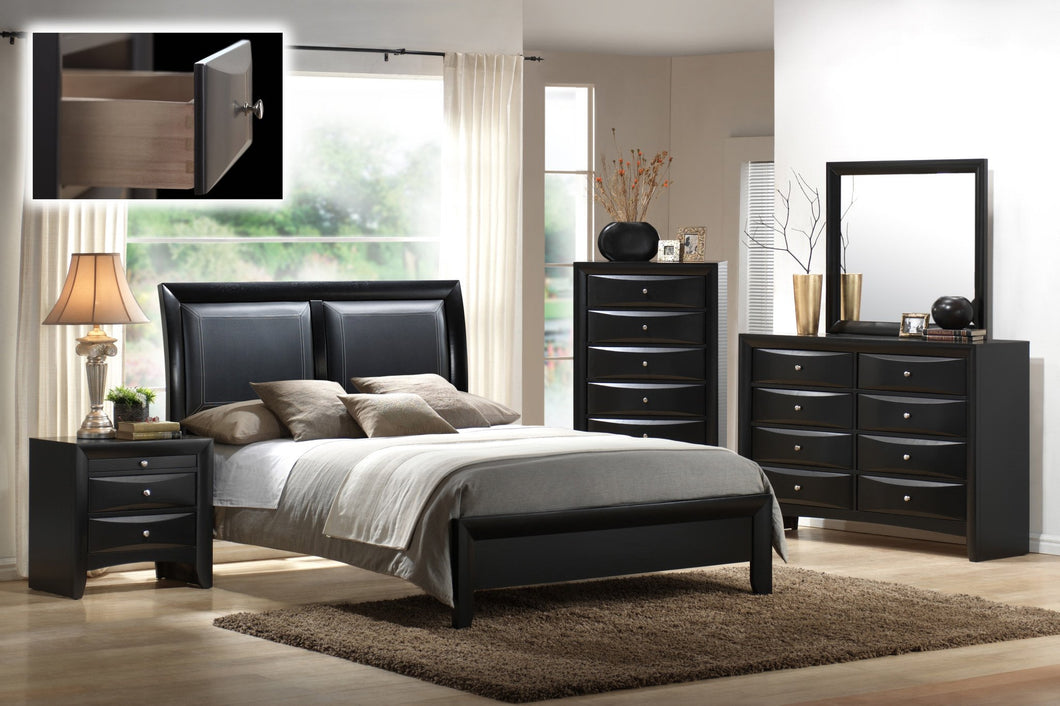 Blemerey 110 Wood and Bonded Leather Bed Room Set , King Bed, Dresser, Mirror, Night Stand, Chest, Black Finish