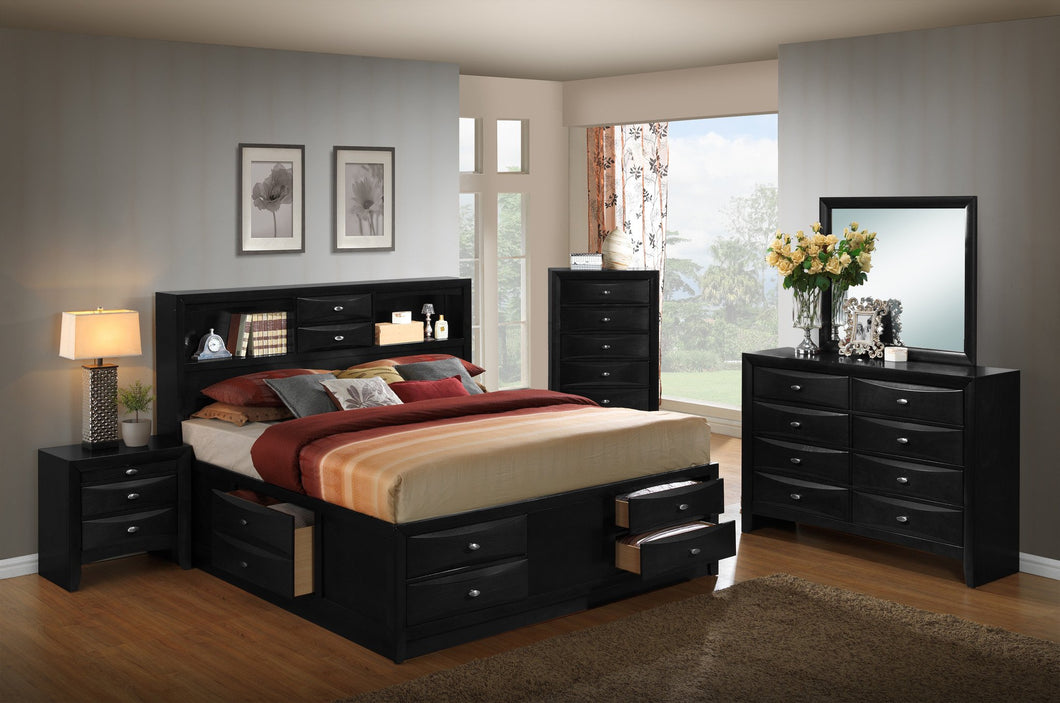 Blemerey 110 Black Wood Storage Bed Group, King Bed, Dresser, Mirror, 2 Night Stands, Chest