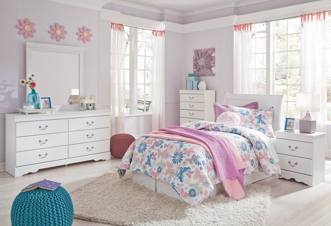 Anarena Traditional White Color Bedroom Set: Twin Sleigh Headboard, Dresser, Mirror, 2 Nightstands, Chest