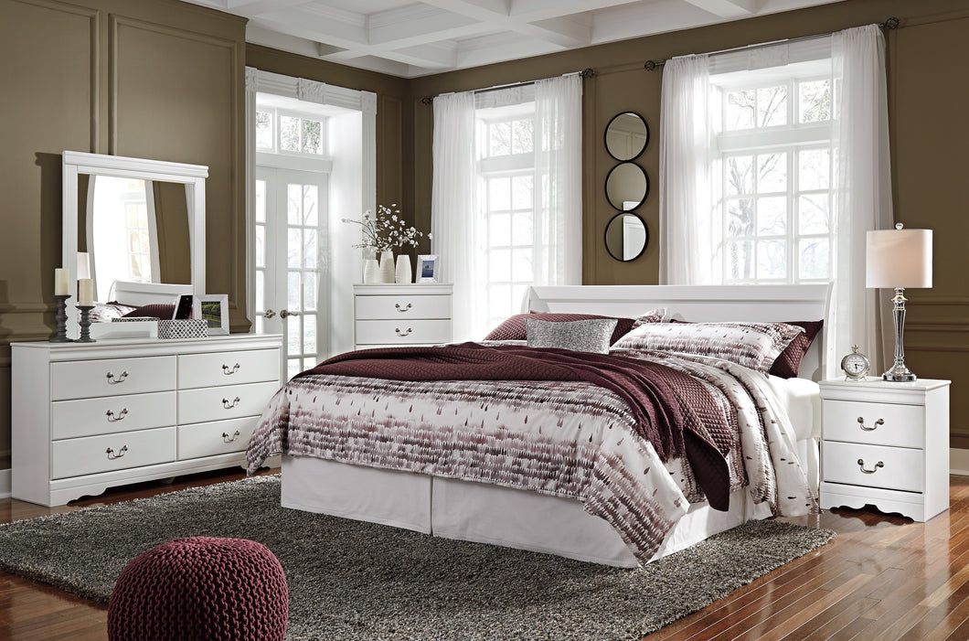 Anarena Traditional White Color Bedroom Set: King Sleigh Headboard, Dresser, Mirror, Nightstand, Chest