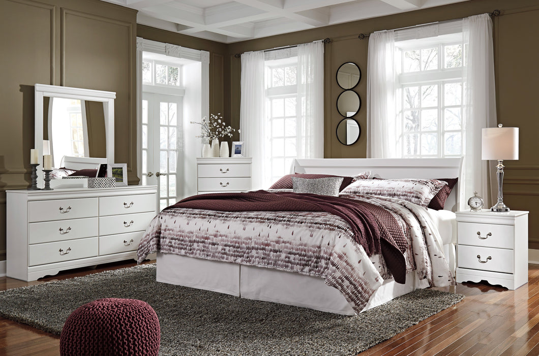 Anarena Traditional White Color Bedroom Set: King Sleigh Headboard, Dresser, Mirror, 2 Nightstands, Chest
