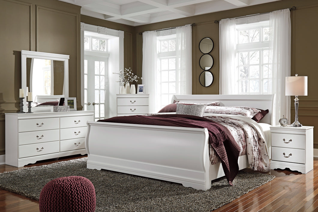Anarena Traditional White Color Bedroom Set: King Sleigh Bed, Dresser, Mirror, 2 Nightstands