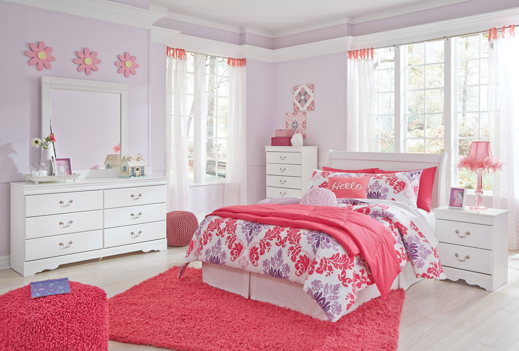 Anarena Traditional White Color Bedroom Set: Full Sleigh Headboard, Dresser, Mirror, Nightstand