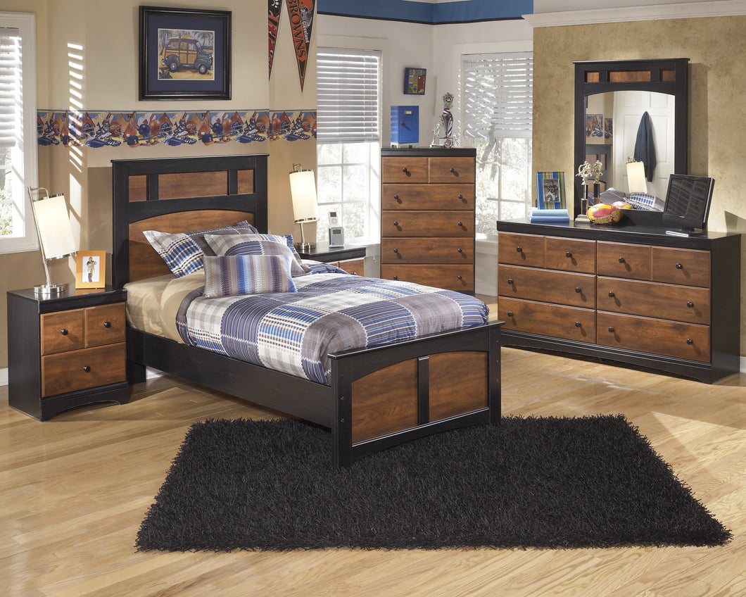Airwell Casual Dark Brown Color Bedroom Set: Twin Bed, Dresser, Mirror, Nightstand, Chest