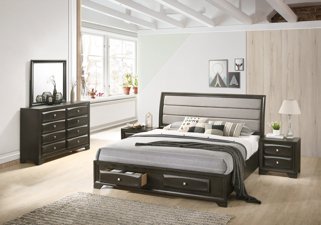 Asger Antique Gray Finish Wood Bedroom Set with Upholstered Queen Bed, Dresser, Mirror, Nightstands
