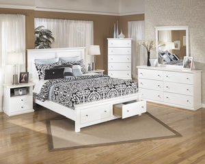 Buckwick Shoals Casual White Bedroom Set: Queen Storage Bed, Dresser, Mirror, 2 Nighstands, Chest