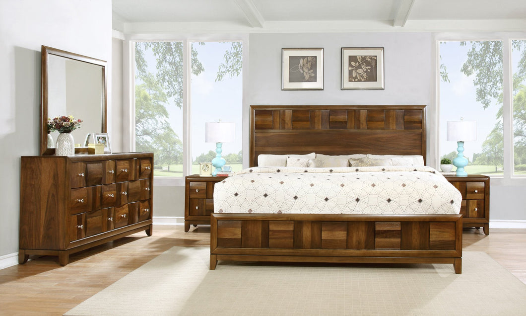 Calais Walnut Finish Solid Wood Construction Bedroom set  Queen Bed  Dresser  Mirror  2 Night Stands