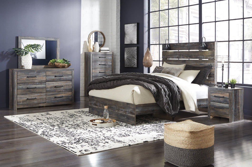 Ararat Rustic Wood Queen Panel Bed with Lights, Dresser, Mirror, 2 Nightstands and Chest Set