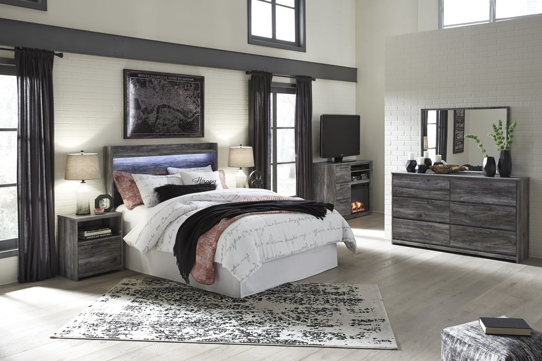 Bayside Casual Gray Bedroom Set: Queen Panel Headboard, Dresser, Mirror, 2 Nightstands, Fireplace TV Chest