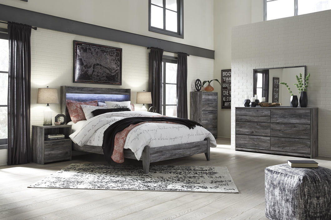 Bayside Casual Gray Bedroom Set: Queen Bed, Dresser, Mirror, Nightstand, Chest