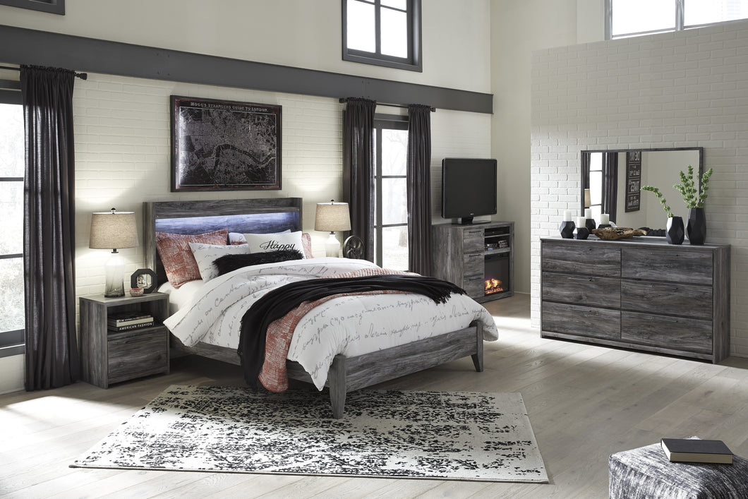 Bayside Casual Gray Bedroom Set: Queen Bed, Dresser, Mirror, Nightstand, Fireplace TV Chest