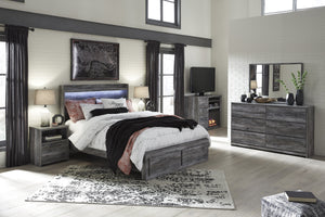 Bayside Casual Gray Bedroom Set: Queen 2 Drawers Storage Bed, Dresser, Mirror, Nightstand, Fireplace TV Chest