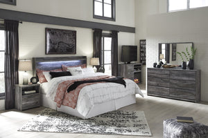 Bayside Casual Gray Bedroom Set: King Panel Headboard, Dresser, Mirror, Nightstand, Fireplace TV Chest