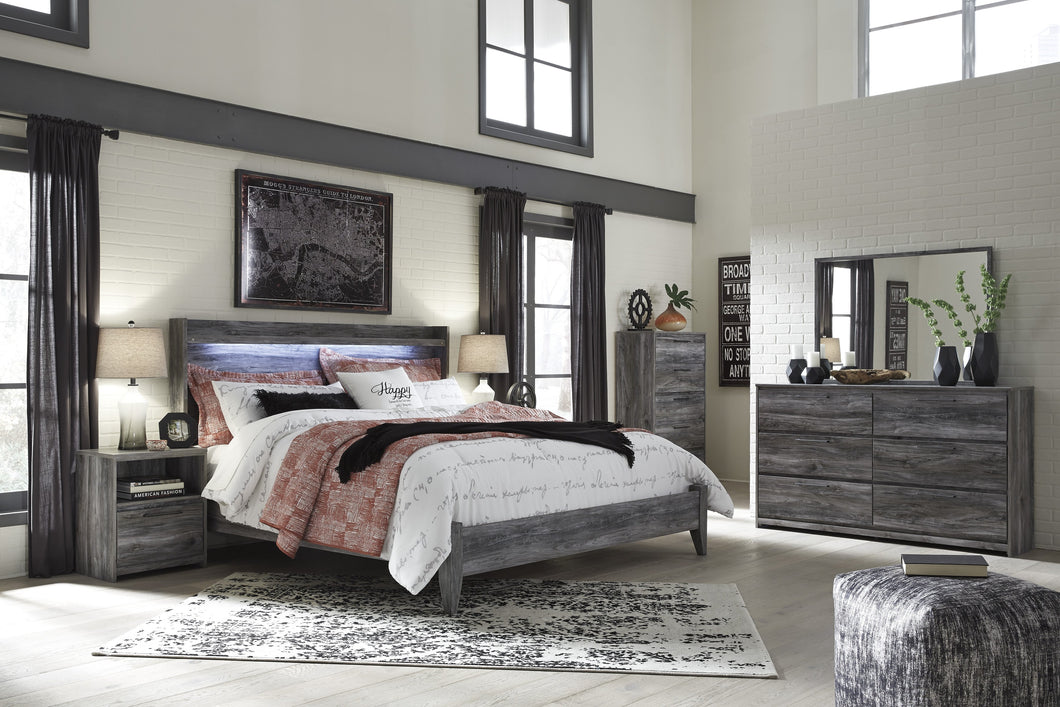 Bayside Casual Gray Bedroom Set: King Bed, Dresser, Mirror, Nightstand, Chest