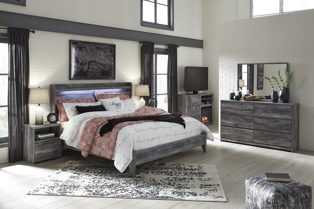 Bayside Casual Gray Bedroom Set: King Bed, Dresser, Mirror, 2 Nightstands, Fireplace TV Chest