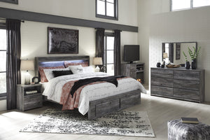 Bayside Casual Gray Bedroom Set: King 2 Drawers Storage Bed, Dresser, Mirror, Nightstand, Fireplace TV Chest