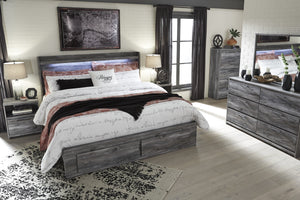 Bayside Casual Gray Bedroom Set: King 2 Drawers Storage Bed, Dresser, Mirror, 2 Nightstands, Chest