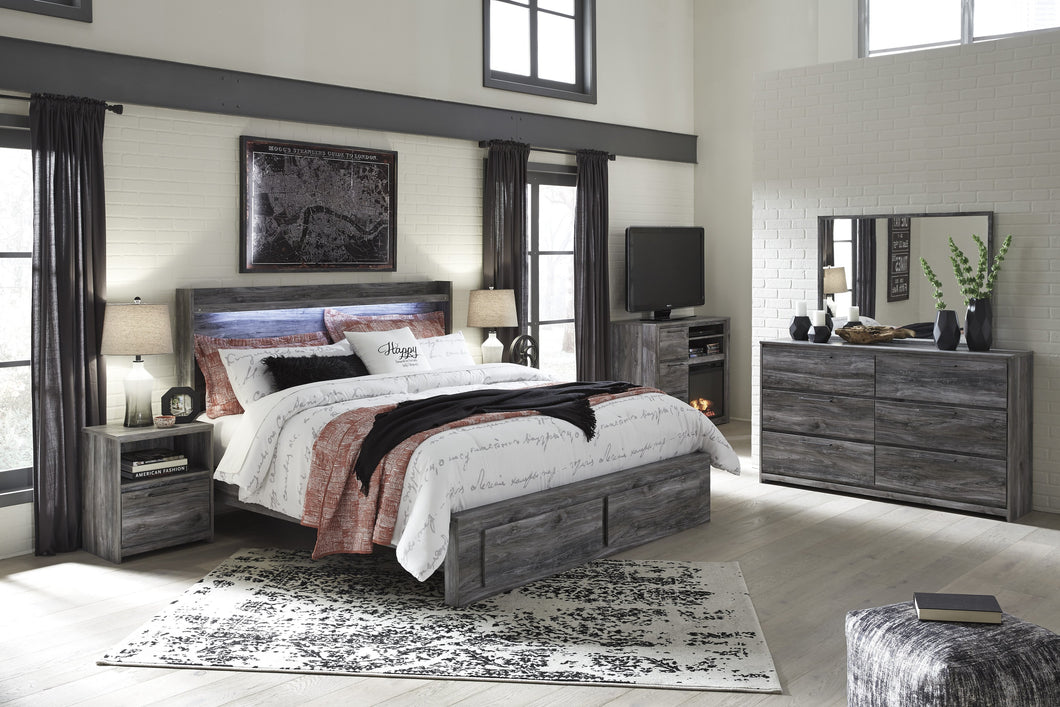 Bayside Casual Gray Bedroom Set: King 2 Drawers Storage Bed, Dresser, Mirror, 2 Nightstands, Fireplace TV Chest