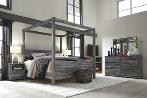 Bayside Casual Gray Bedroom Set: Queen Canopy Bed, Dresser, Mirror, Nightstand, Fireplace TV Chest