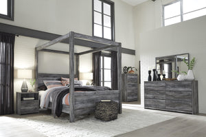 Bayside Casual Gray Bedroom Set: Queen Canopy Bed, Dresser, Mirror, 2 Nightstands, Chest