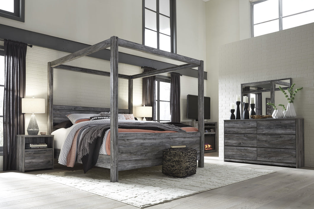 Bayside Casual Gray King Canopy Bed, Dresser, Mirror, 2 Nightstands, Fireplace TV Chest