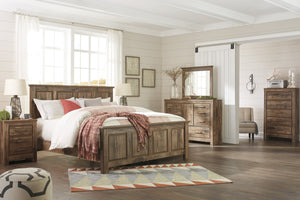 Blavilla Casual Brown Bedroom Set: King Panel Bed, Dresser, Mirror, Nighstand, Chest