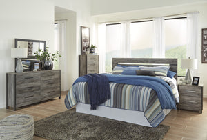 Cazeneril Contemporary Black/Gray Bedroom Set: King/Cal Panel Headboard, Dresser, Mirror, 2 Nightstands, Chest