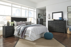 Brinxony Casual Black Bedroom Set: King/California King Panel Headboard, Dresser, Mirror, 2 Nightstand, Chest