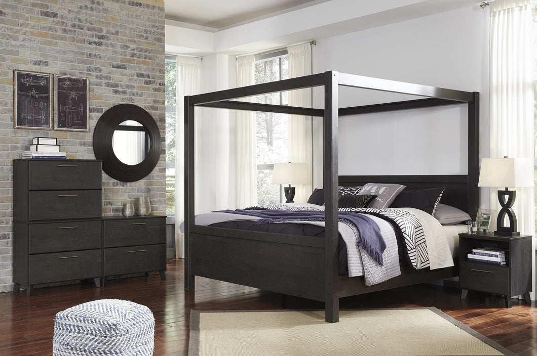 Daltonia  Contemporary Black Color King Poster Bed, Six Drawers Chest, Nightstand