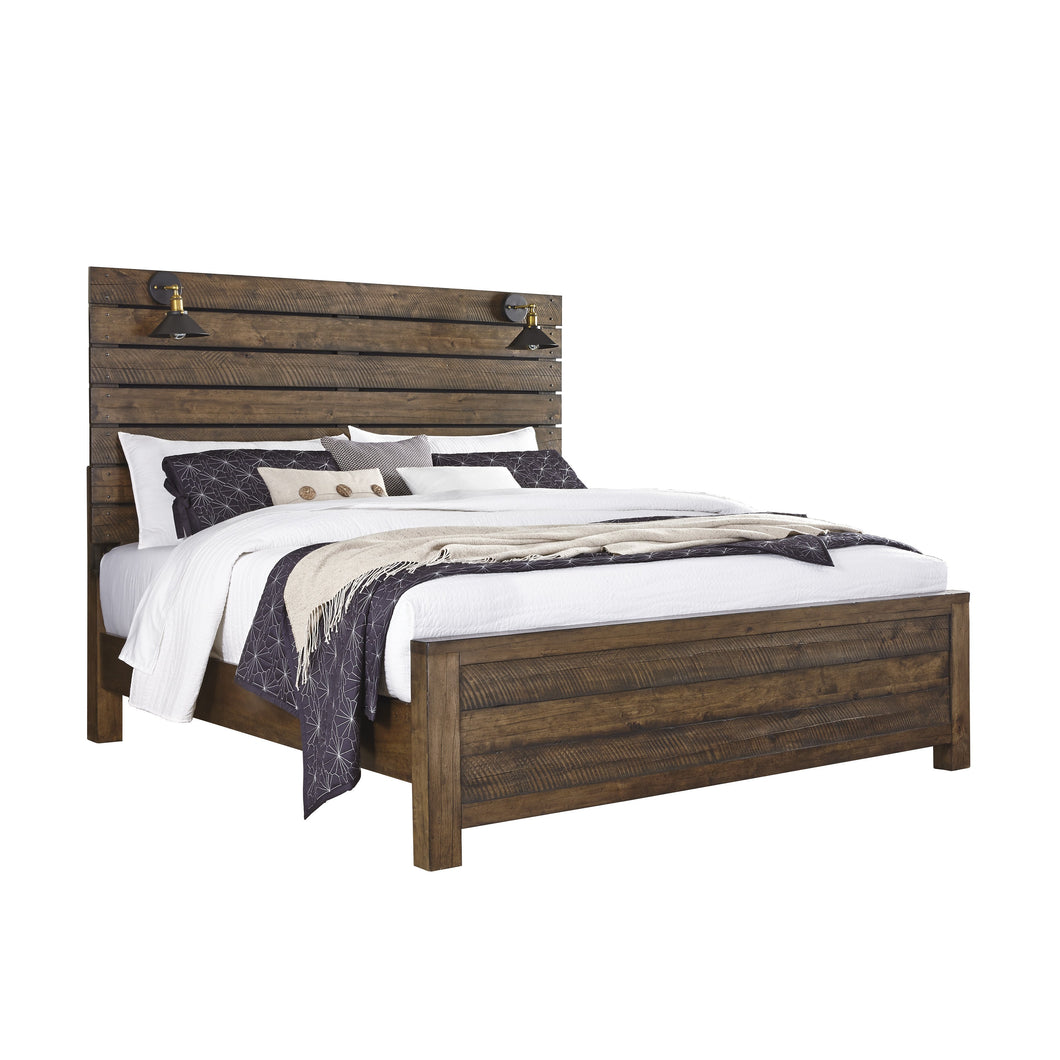 Dajono Rustic Brown Finish Pine Wood Queen Bed with Reading Lamps