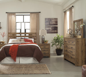 Cinrie Casual Medium Brown Bedroom Set: Queen Slat Headboard, Dresser, Mirror, Nightstand, Media Chest