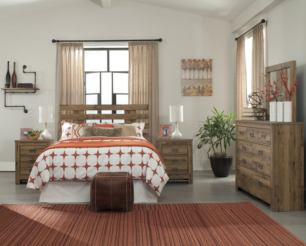 Cinrie Casual Medium Brown Bedroom Set: Queen Slat Headboard, Dresser, Mirror, 2 Nightstands, Media Chest