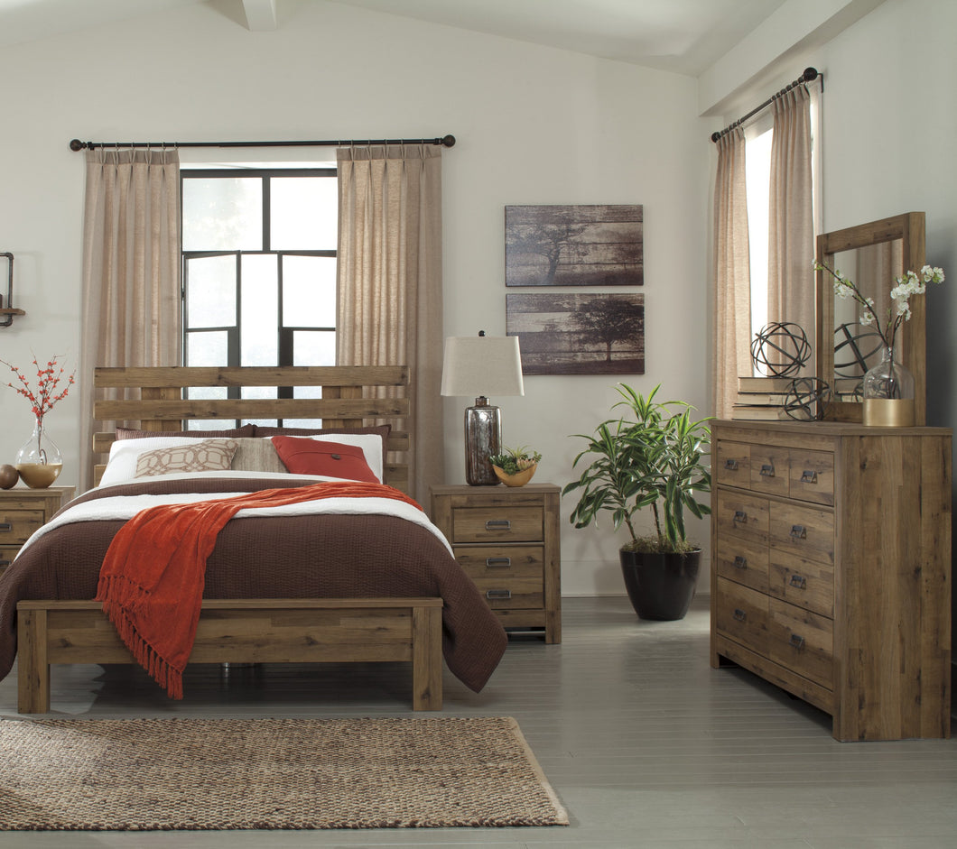 Cinrie Casual Medium Brown Bedroom Set: Queen Slat Bed, Dresser, Mirror, Nightstand, Media Chest