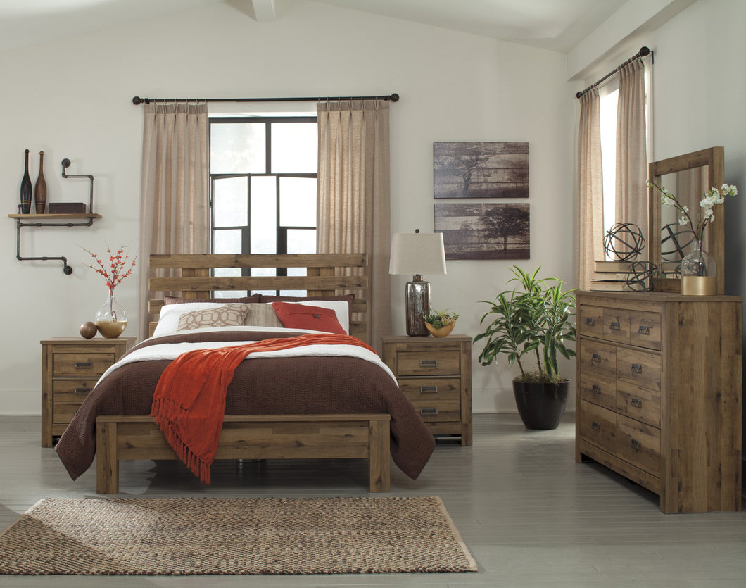 Cinrie Casual Medium Brown Bedroom Set: Queen Slat Bed, Dresser, Mirror, 2 Nightstands, Media Chest