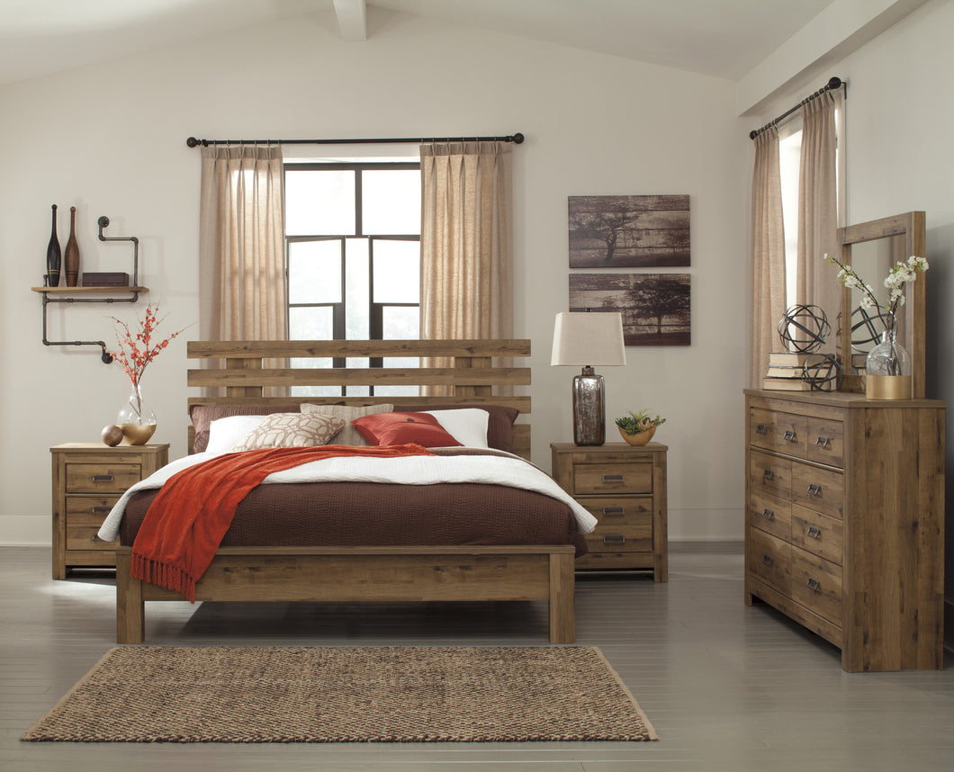 Cinrie Casual Medium Brown Bedroom Set: King Slat Bed, Dresser, Mirror, 2 Nightstands, Media Chest