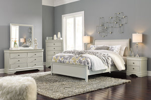 Ararat Louis Phillippe Style Queen Uplostered Sleigh Bed with Dresser, Mirror, 2 Nightstands and Chest