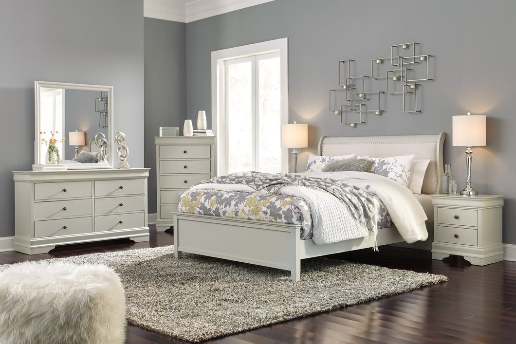 Ararat Louis Phillippe Style Queen Uplostered Sleigh Bed with Dresser, Mirror, 2 Nightstands and Chest