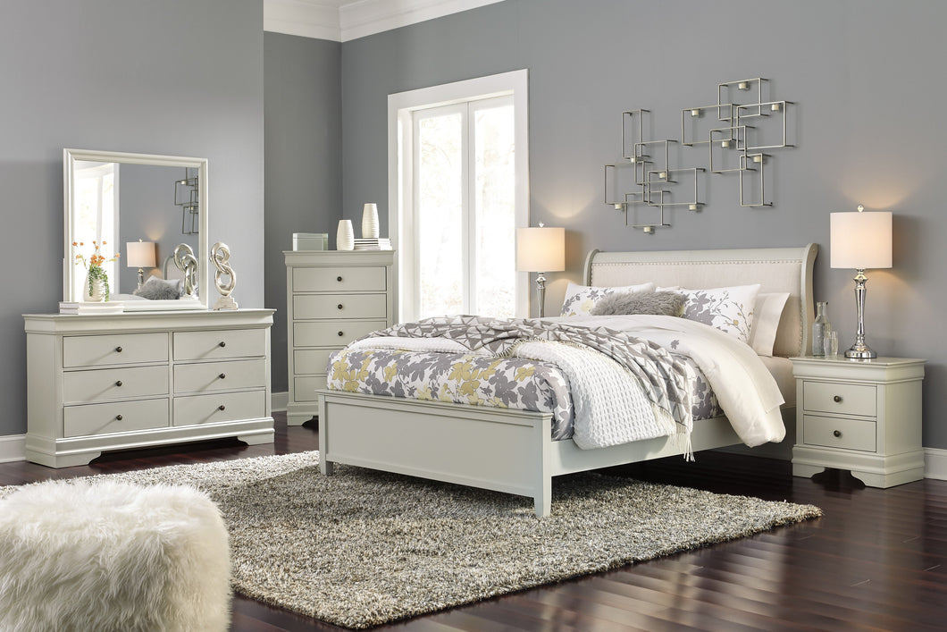 Ararat Louis Phillippe Style King Uplostered Sleigh Bed with Dresser, Mirror, 2 Nightstands and Chest