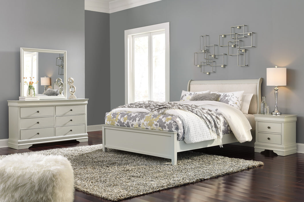 Ararat Louis Phillippe Style Queen Uplostered Sleigh Bed with Dresser, Mirror, Nightstand