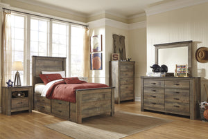 Cremona Brown Casual Bedroom Set: Twin Panel Bed with 2 Drawer Storage, Dresser, Mirror, Nightstand, Chest
