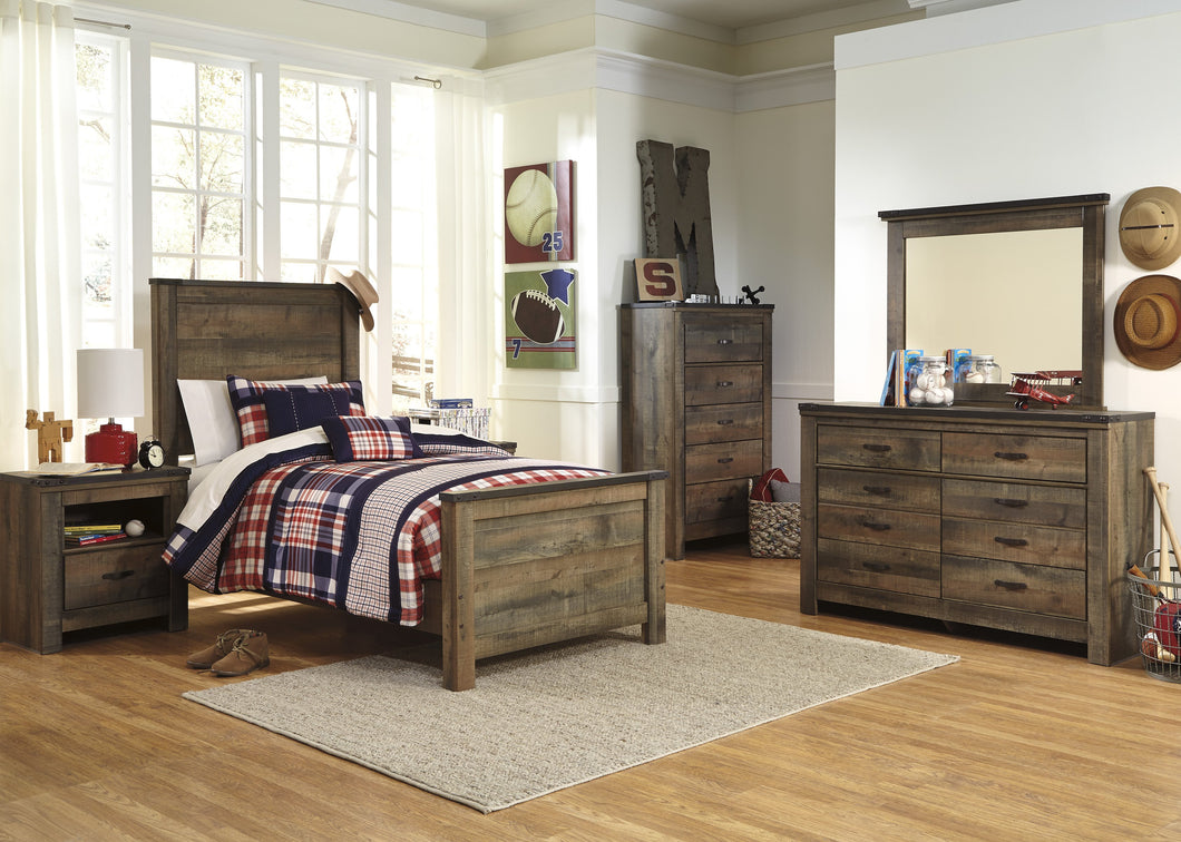 Cremona Brown Casual Bedroom Set with Twin Panel Bed, Dresser, Mirror, Nightstand, Chest