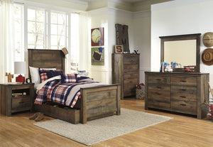 Cremona Brown Casual Bedroom Set: Twin Panel Bed with Underbed Storage, Dresser, Mirror, 2 Nightstands, Chest