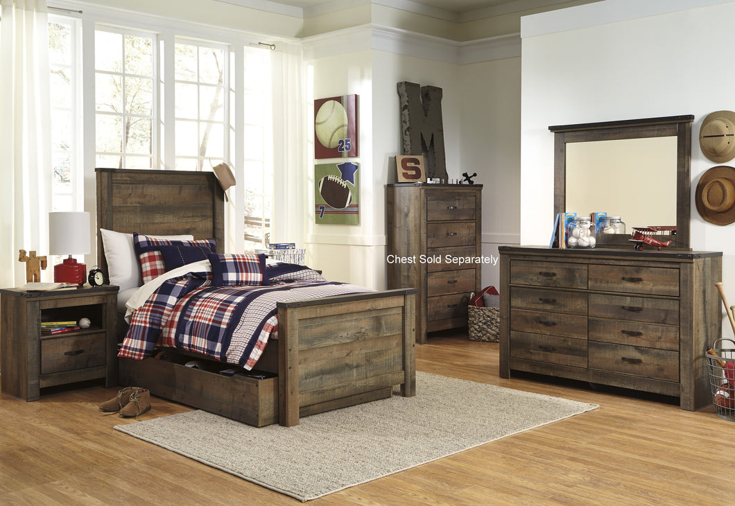 Cremona Brown Casual Bedroom Set: Twin Panel Bed with Underbed Storage, Dresser, Mirror, Nightstand