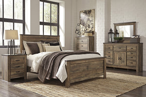 Cremona Brown Casual Bedroom Set: Queen Panel Bed, Dresser with Doors, Mirror, 2 Nightstands, Chest