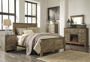 Cremona Brown Casual Bedroom Set: Queen Panel Bed, Dresser with Doors, with Fireplace  Mirror, Nightstand, Chest