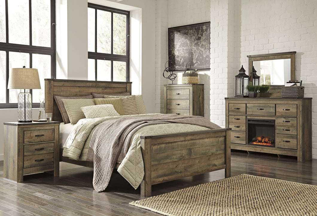 Cremona Brown Casual Bedroom Set: Queen Panel Bed, Dresser with Doors, with Fireplace  Mirror, 2 Nightstands, Chest