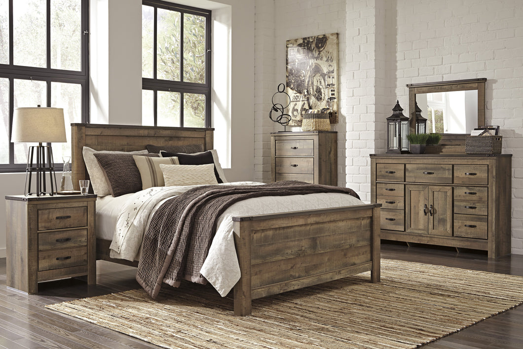 Cremona Brown Casual Bedroom Set: King Panel Bed, Dresser with Doors, Mirror, 2 Nightstands, Chest